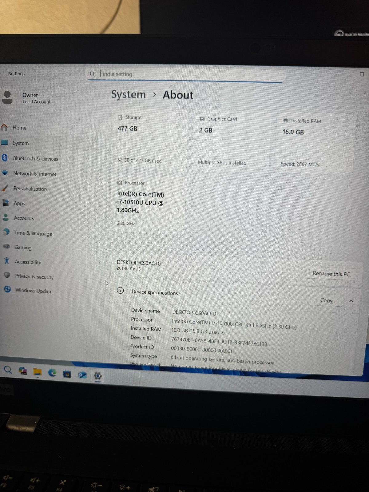 Lenovo ThinkPad P15s Gen 1 Core I7-10510 500GB SSD 16GB RAM 2GB GPU Laptop #5857