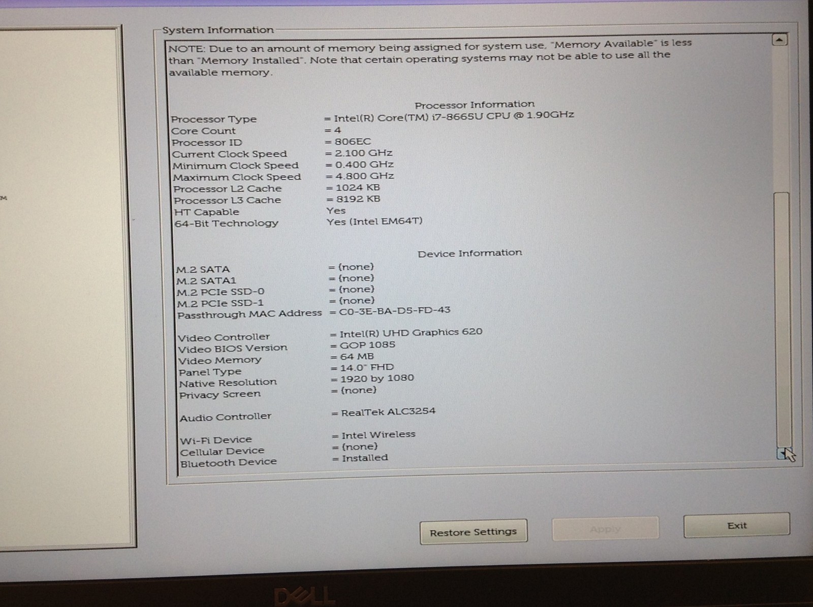 Dell Latitude 7400 i7-8665U 1.90Ghz 8Th Gen Laptop 14” w/ AC Adapter,No Memory