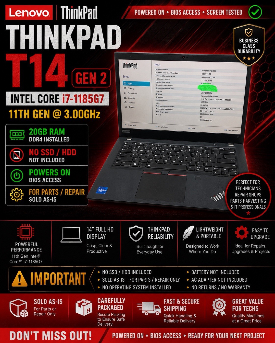 Lenovo ThinkPad T14 Gen 2 Intel I7 11th Gen 20gb Ram No Hdd Powers On PARTS