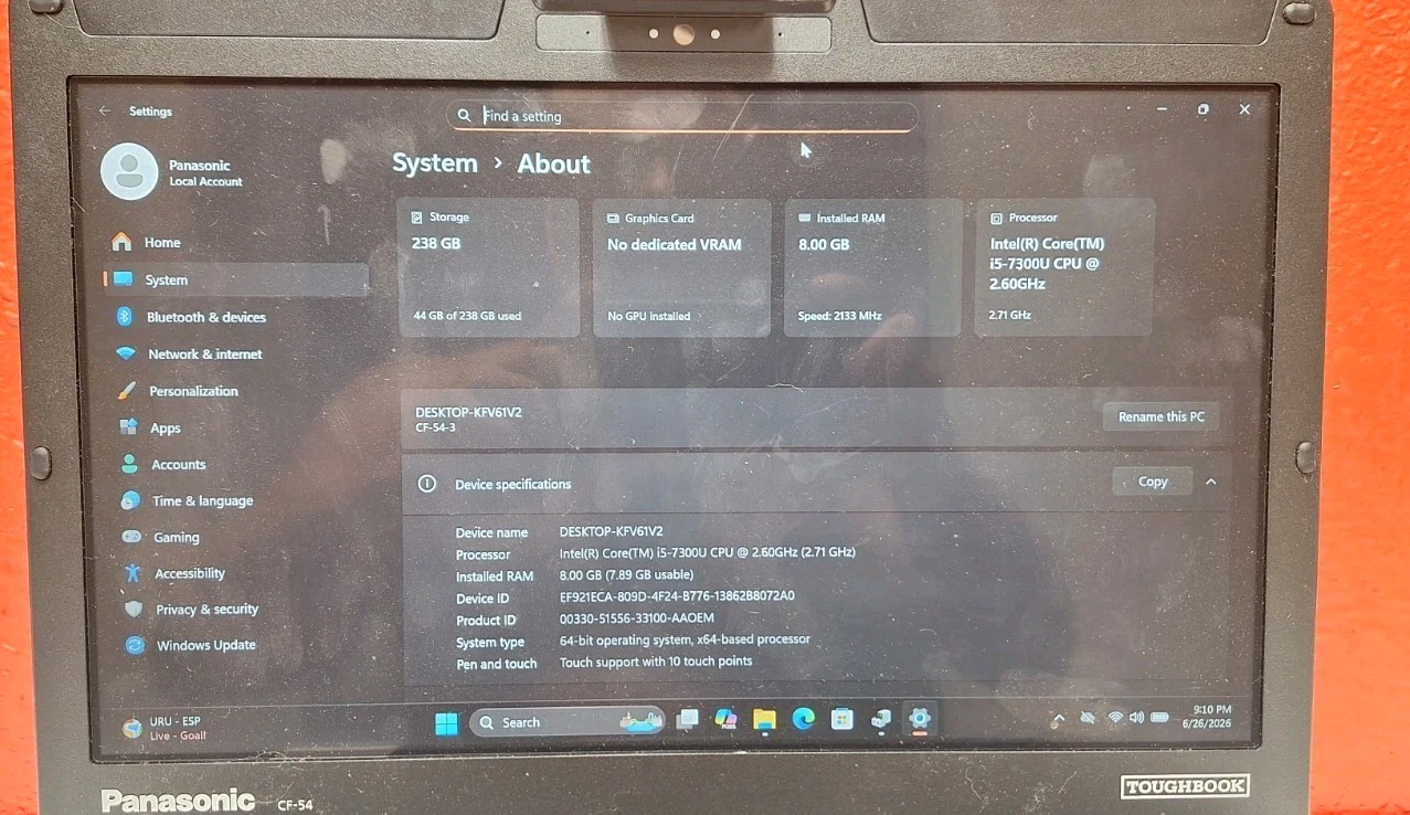 Panasonic ToughBook CF-54 MK3 Touch, i5-7300U 2.60GHz 8GB 250GB SSD Win 11 Pro