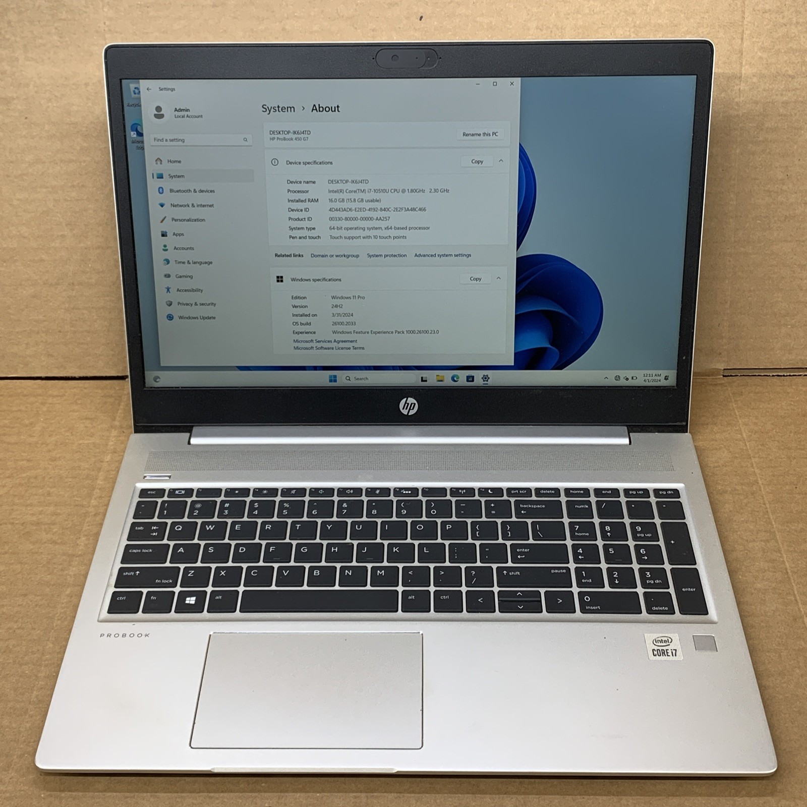 HP Probook 450 G7 i7-10510U 1.8GHz 16GB RAM 256GB M2 Windows 11