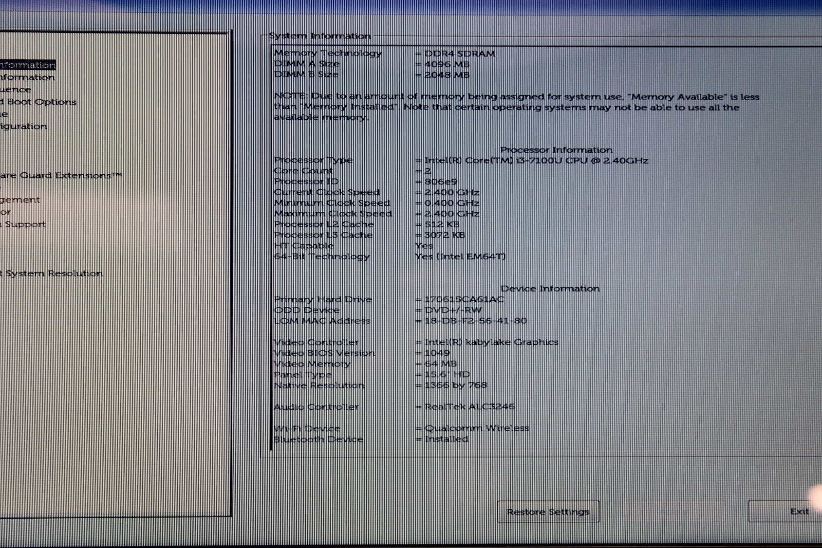 Dell Inspiron 5566 Touch i3-7100U @ 2.4 GHz 6GB RAM 240GB SSD No OS