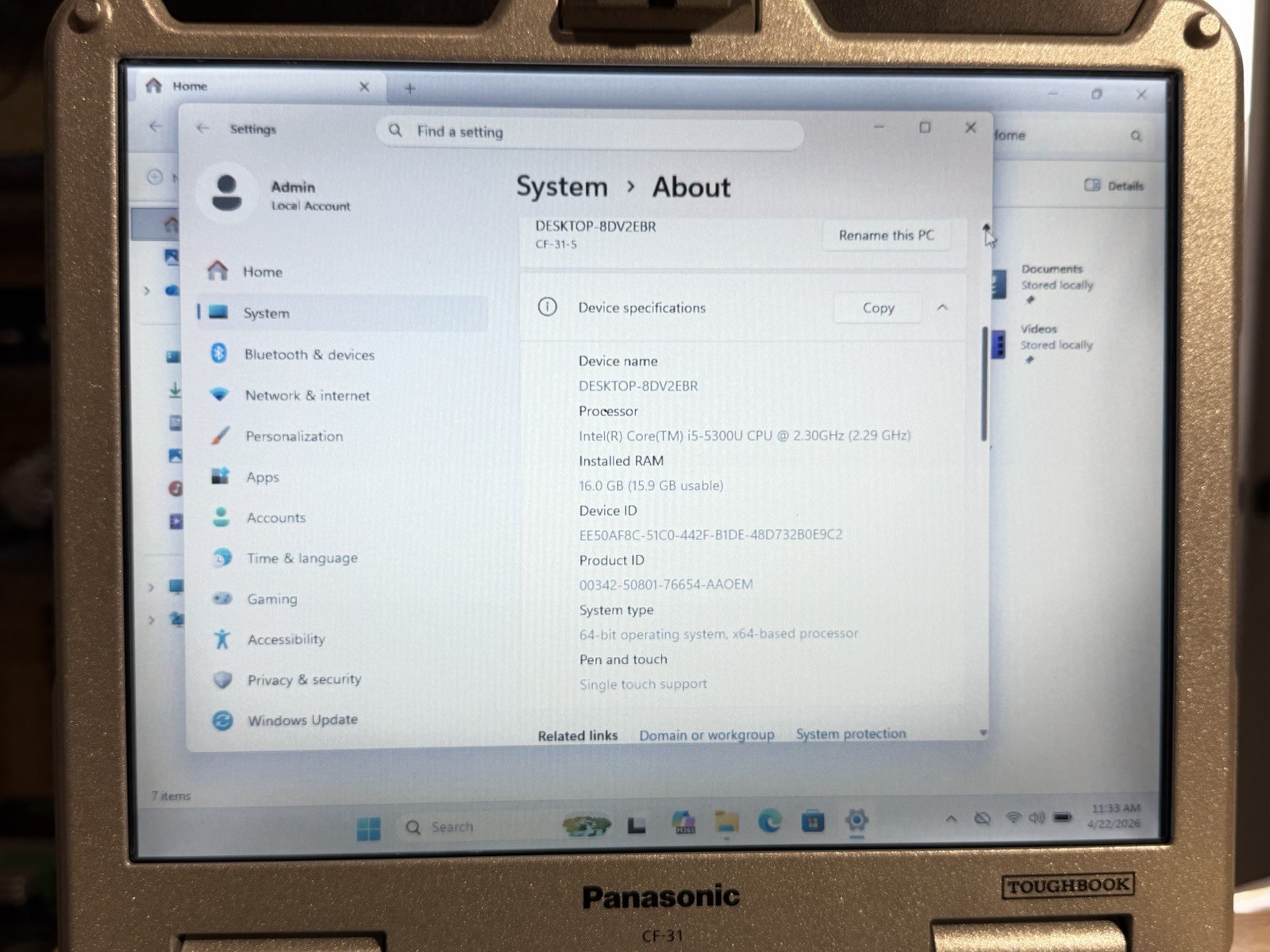 Panasonic Toughbook CF-31 I5-5300u@2.3ghz 16gb Ram 256 GB SSD Win11P 8620 HOURS