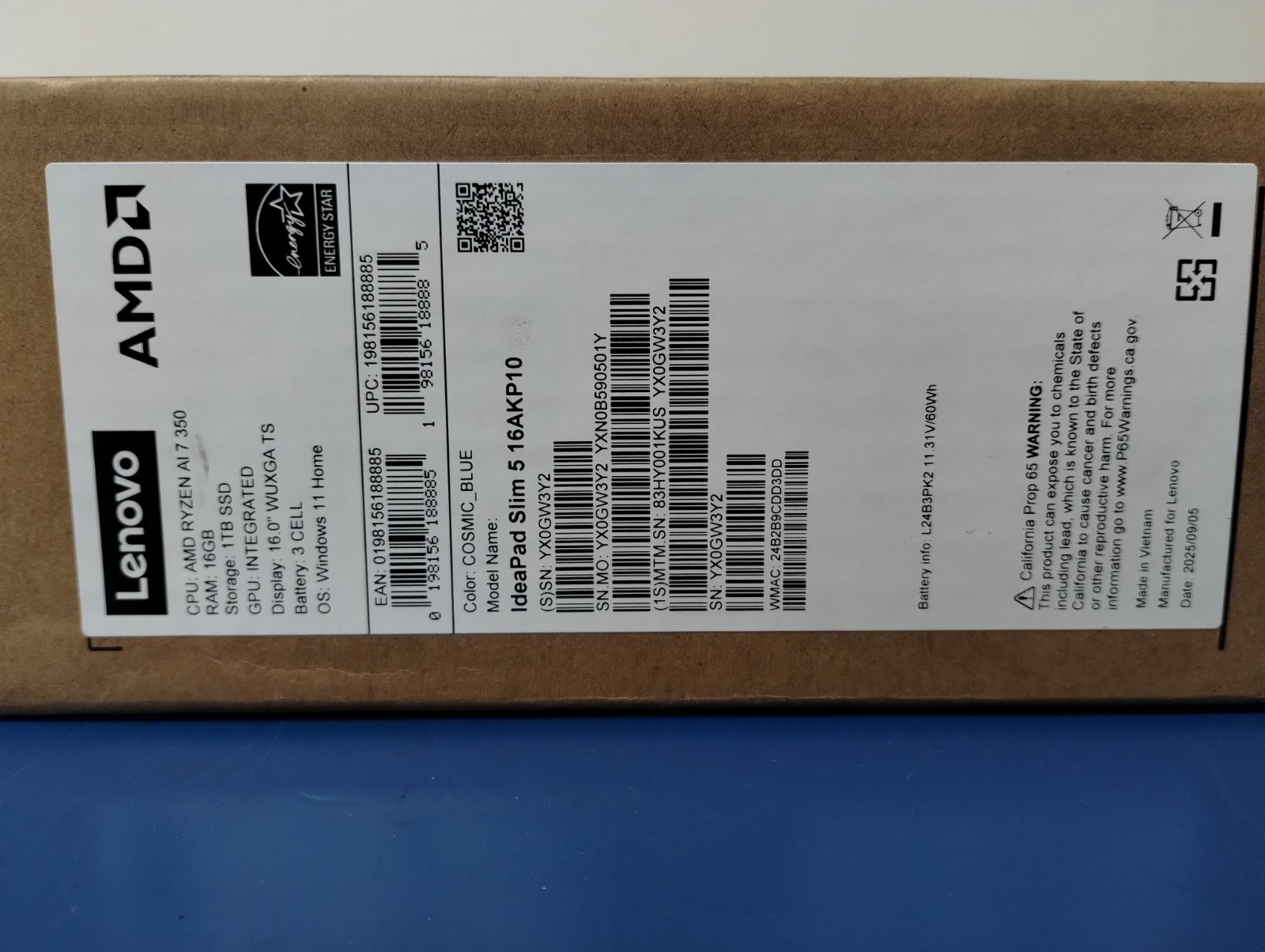 LENOVO IdeaPad Slim 5 16AKP10, AMD Ryzen AI 7 350, 2.00 GHz 16 GB RAM, 1 TB NVMe