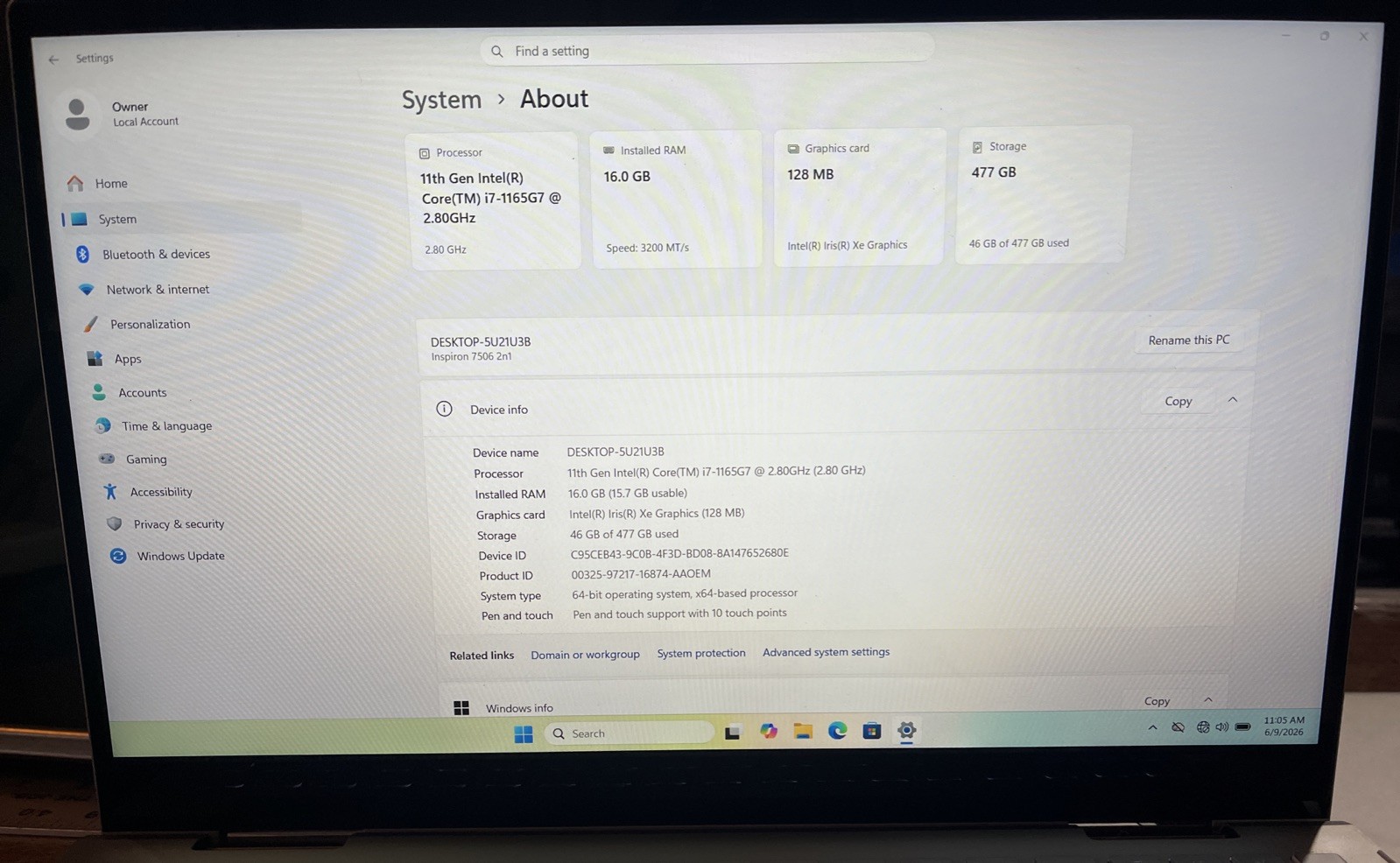 Dell Inspiron 7506 2-in-1 i7-1165G7@2.80GHz, 16GB RAM, 512GB M2, W11H *READ