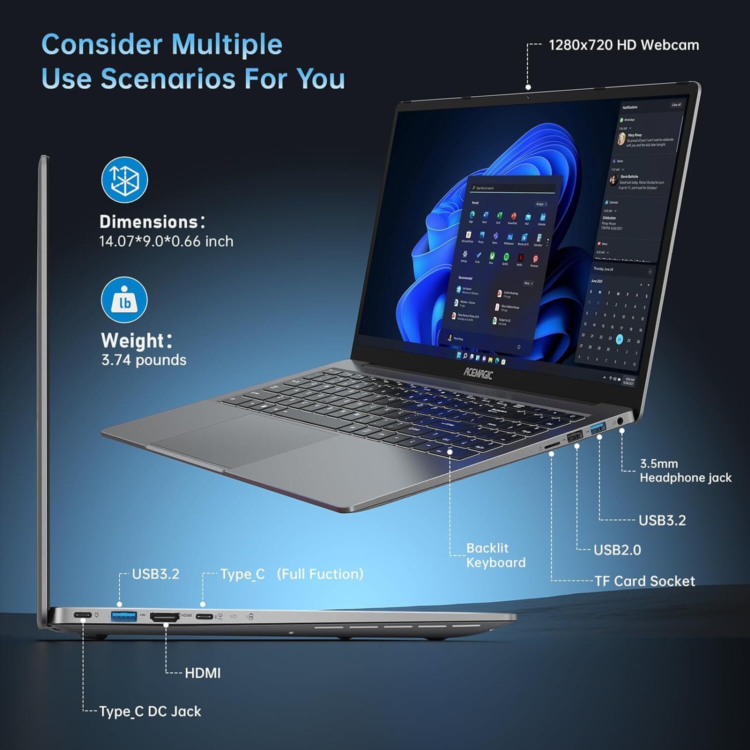 ACEMAGIC 16.1″ FHD Laptop AMD Ryzen 7 5700U 16GB DDR4 512GB SSD Notebook WiFi6