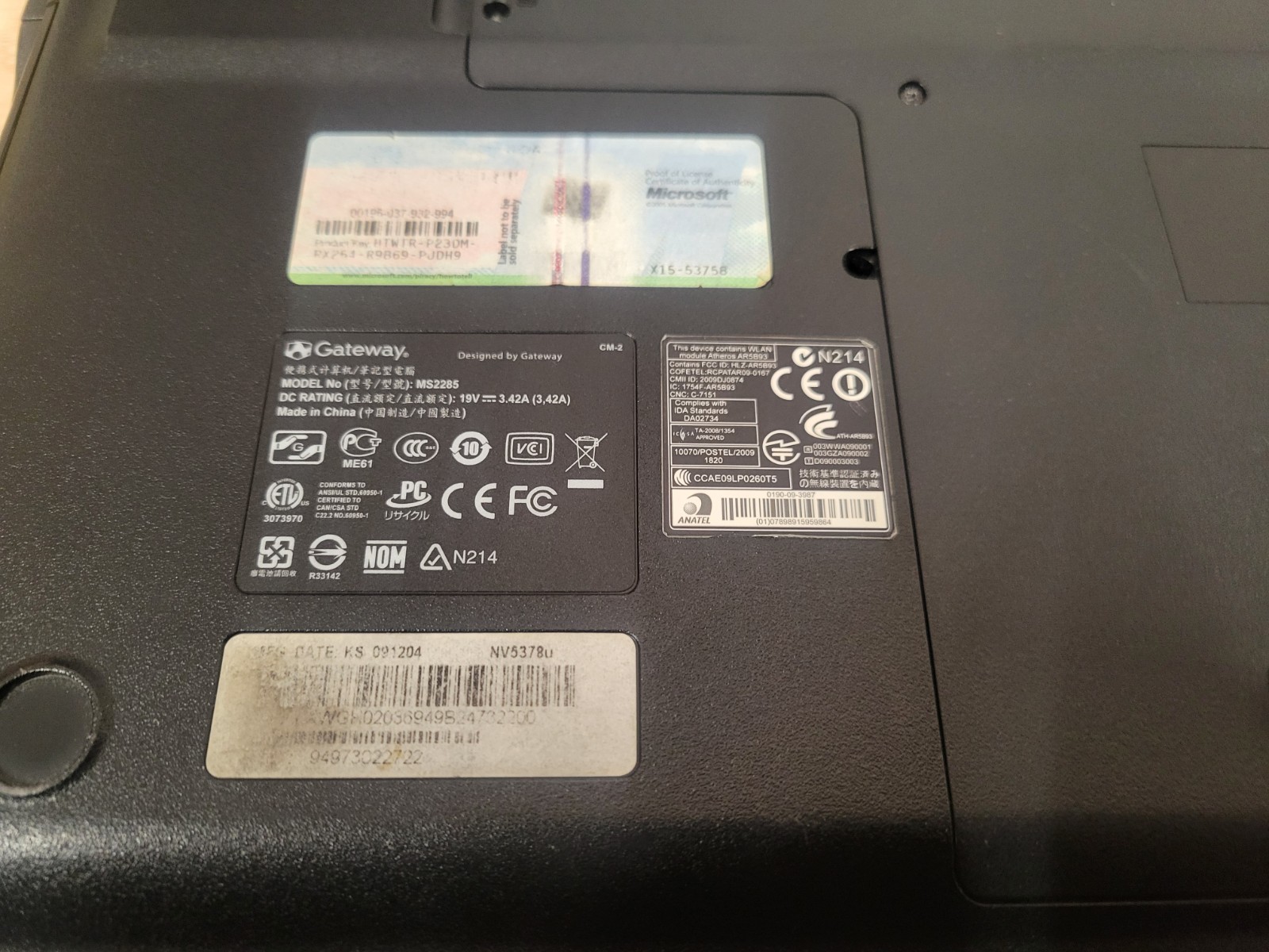 Gateway MS2285 AMD Athlon II Dual-Core M300 2GHz 2 GB NO HDD/Battery