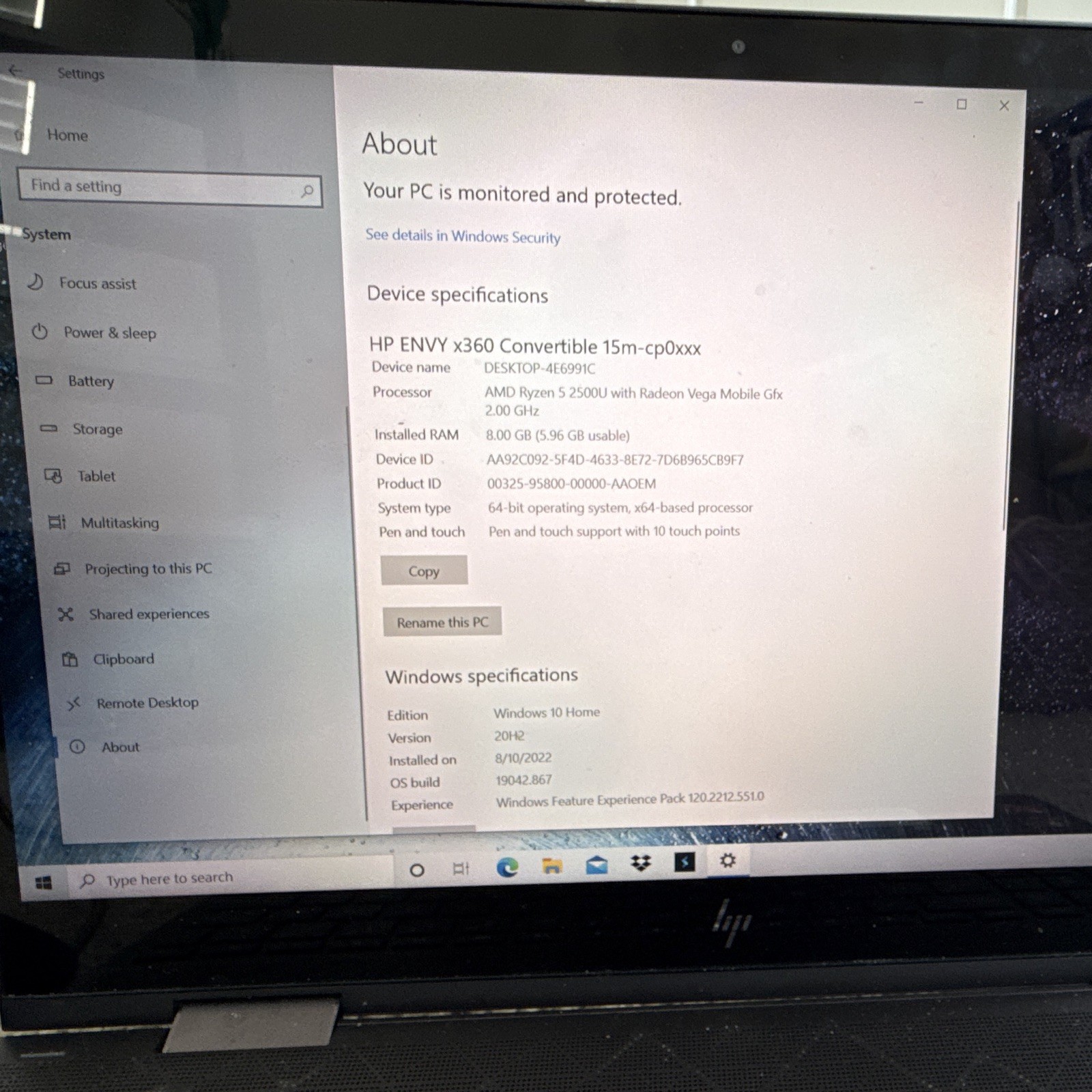 HP ENVY x360 15m-cp0xxx 15.6in FHD Touch Ryzen 5 2500U 8GB 256GB SSD