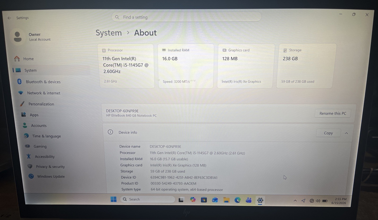 HP EliteBook 840 G8 14″ i5-1145G7@2.6GHz, 16GB RAM, 256GB M2, Win 11 Pro *READ*