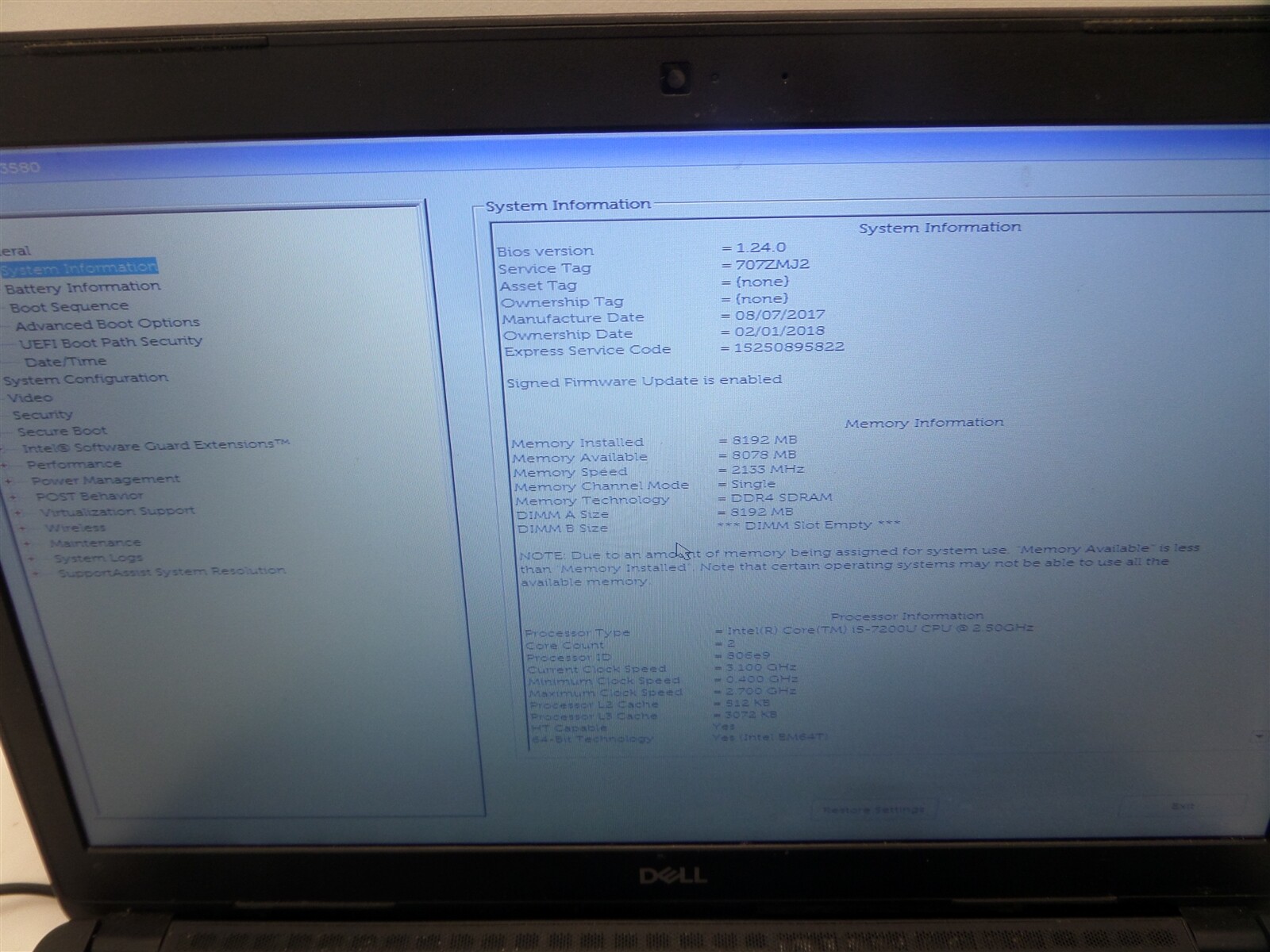 Dell Latitude 3580 15.6″ Laptop w/ i5-7200U 2.50GHz CPU & 8GB RAM – No HDD