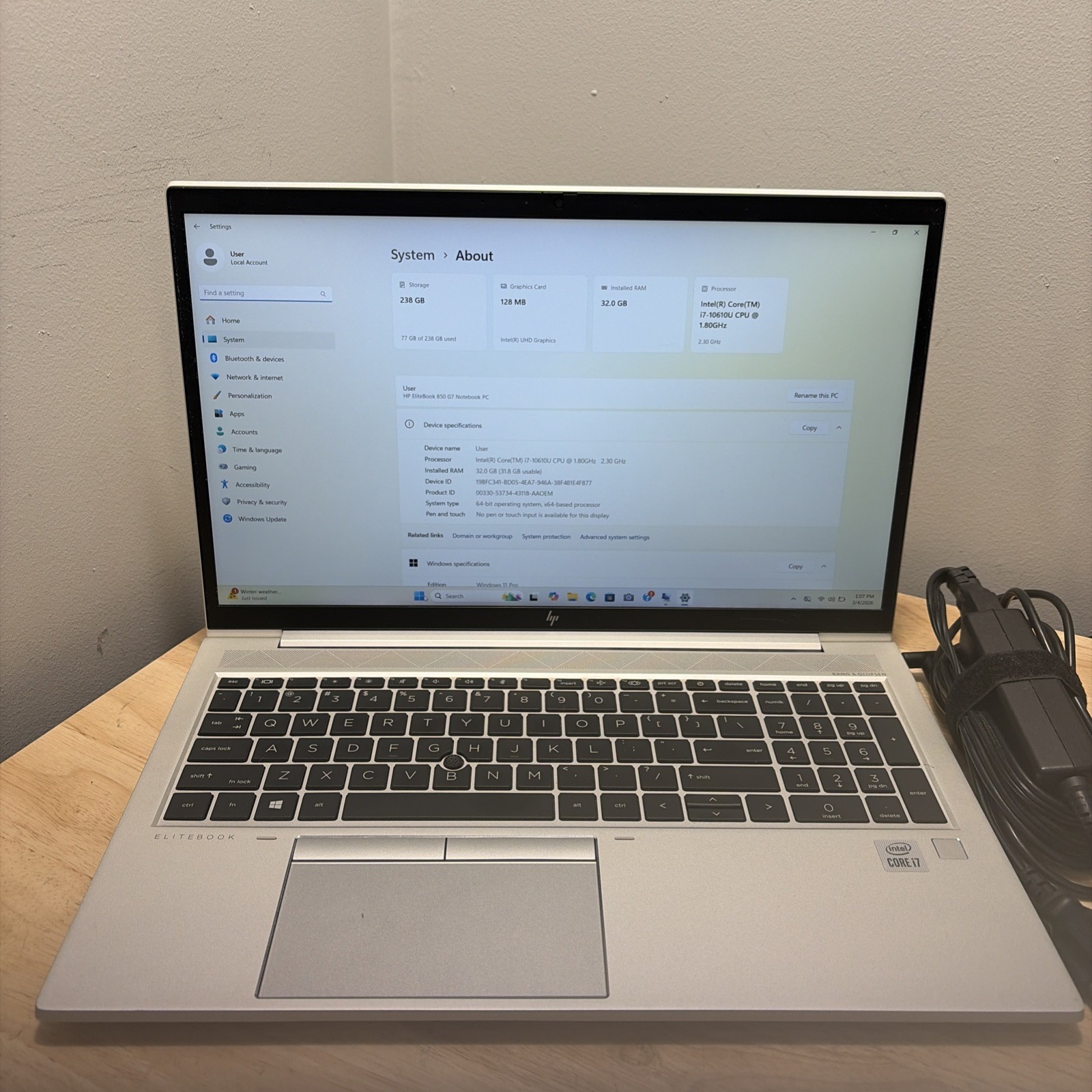 HP EliteBook 850 G7 CORE I7-10610U 1.8GHZ 32GB 256GB SSD WCAM WIFI W11 & CORD