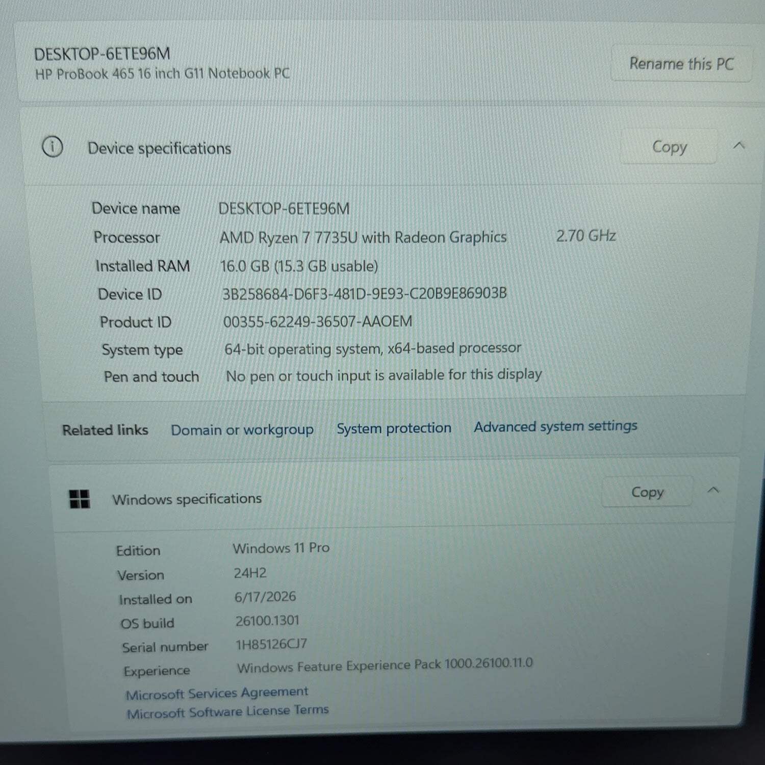 HP ProBook 465 G11 16″ Ryzen 7 7735U 2.7GHz 16GB RAM 512GB SSD