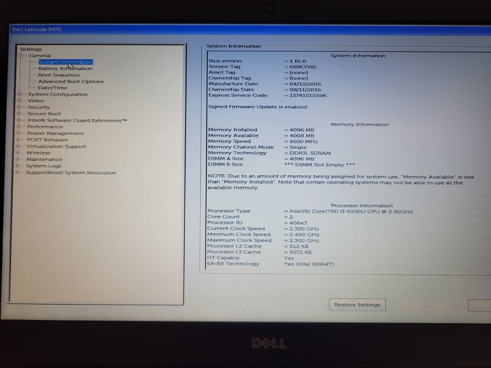 Dell Latitude 3470 i3-6100U@2.3GHz 4GB RAM No HD/OS *BIOS/No battery* | C1144*