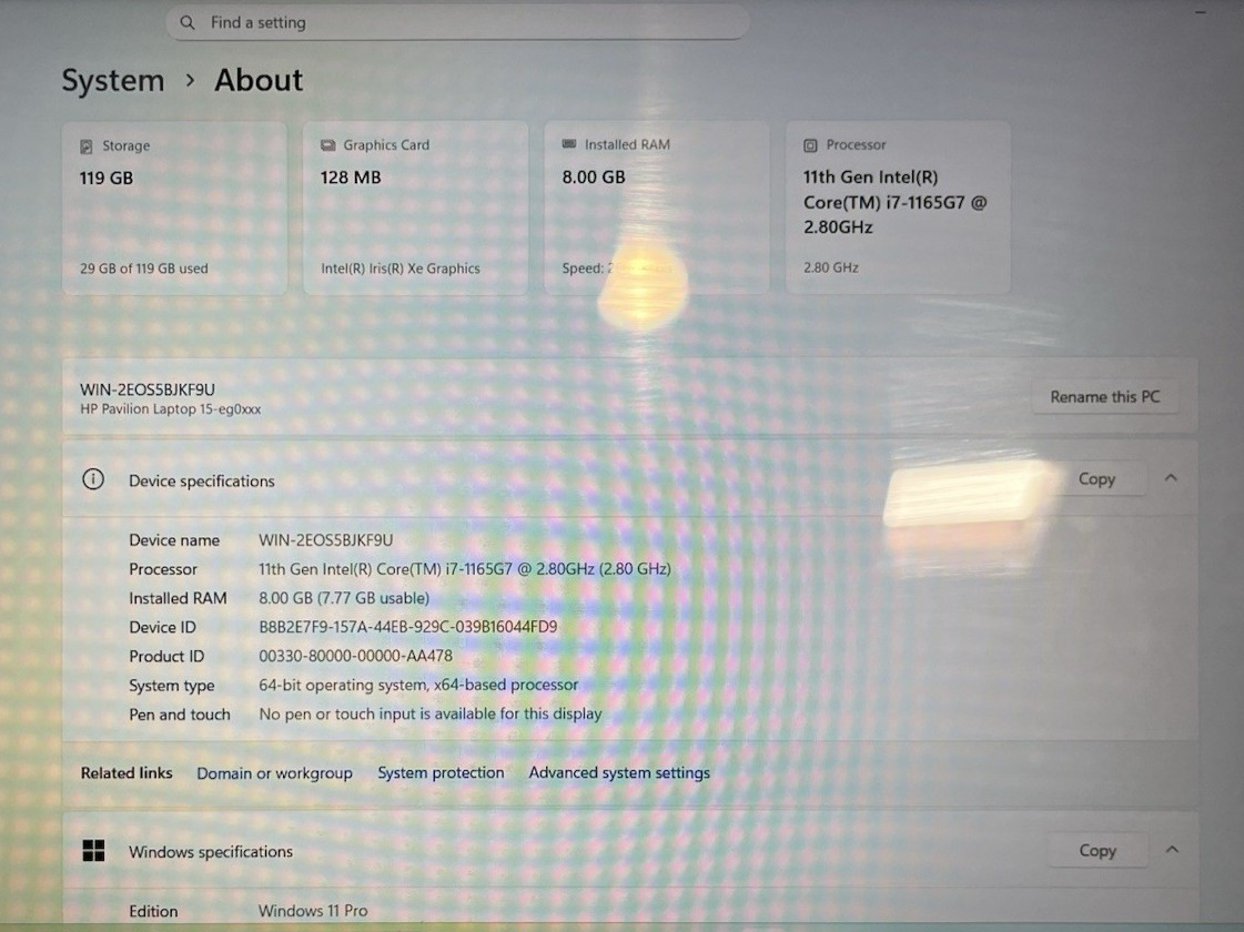 HP Pavilion 15-eg0021nr 15″ Intel i7-1165G7 – 8GB RAM – 128GB SSD – W11P – READ!