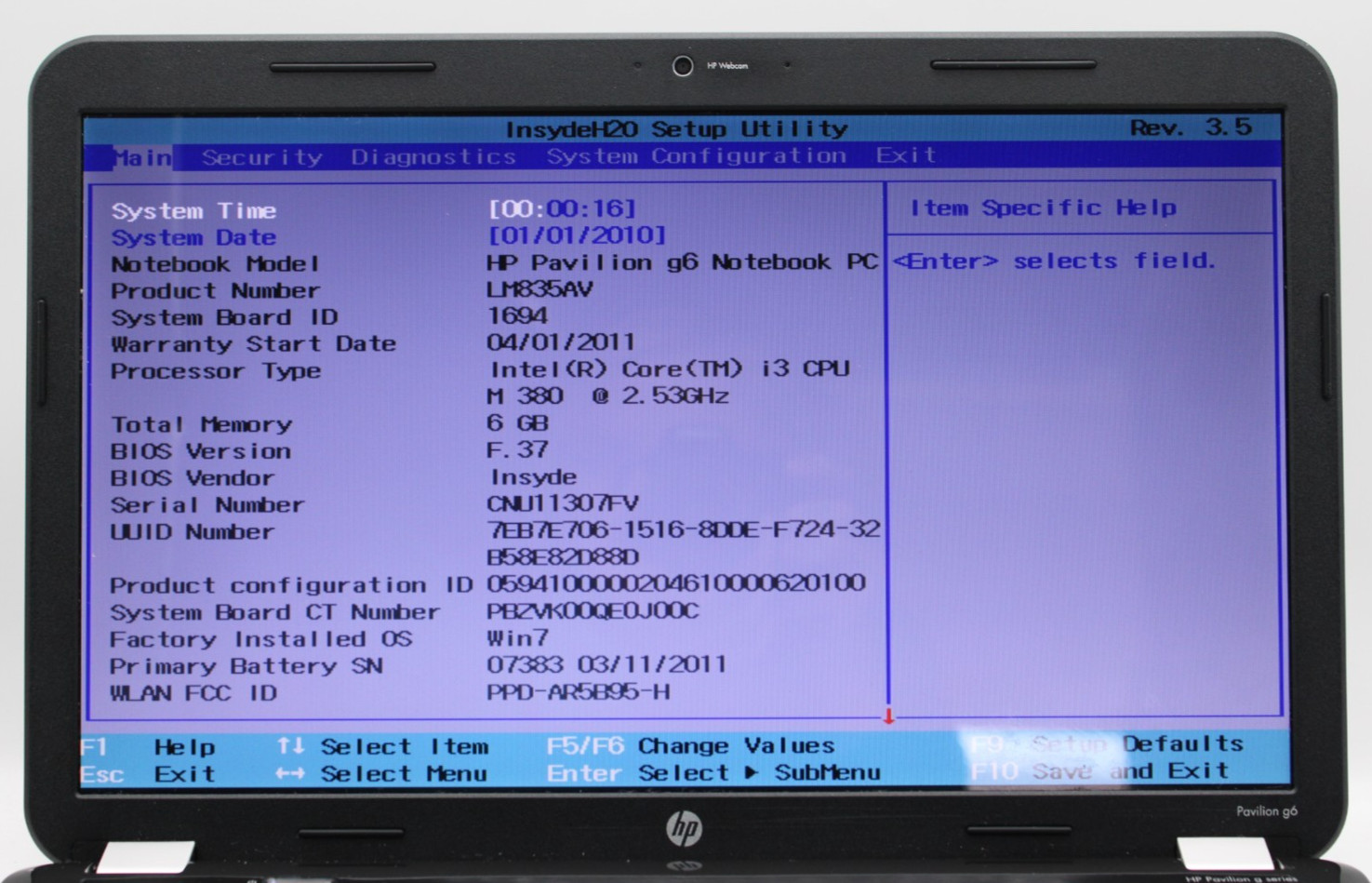 HP Pavilion G6 i3-380M@2.53GHz 6GB DDR3 NO STORAGE OR OS *USED/TESTED*