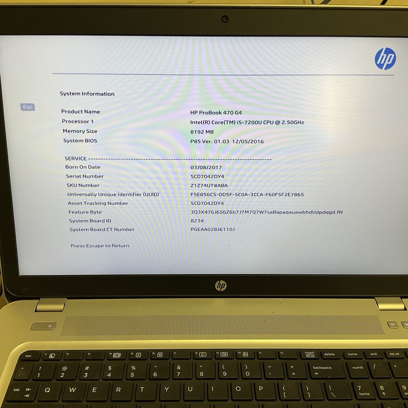 HP ProBook 470 G4 i5-7200U 2.50GHz 8GB Ram No HDD NO OS
