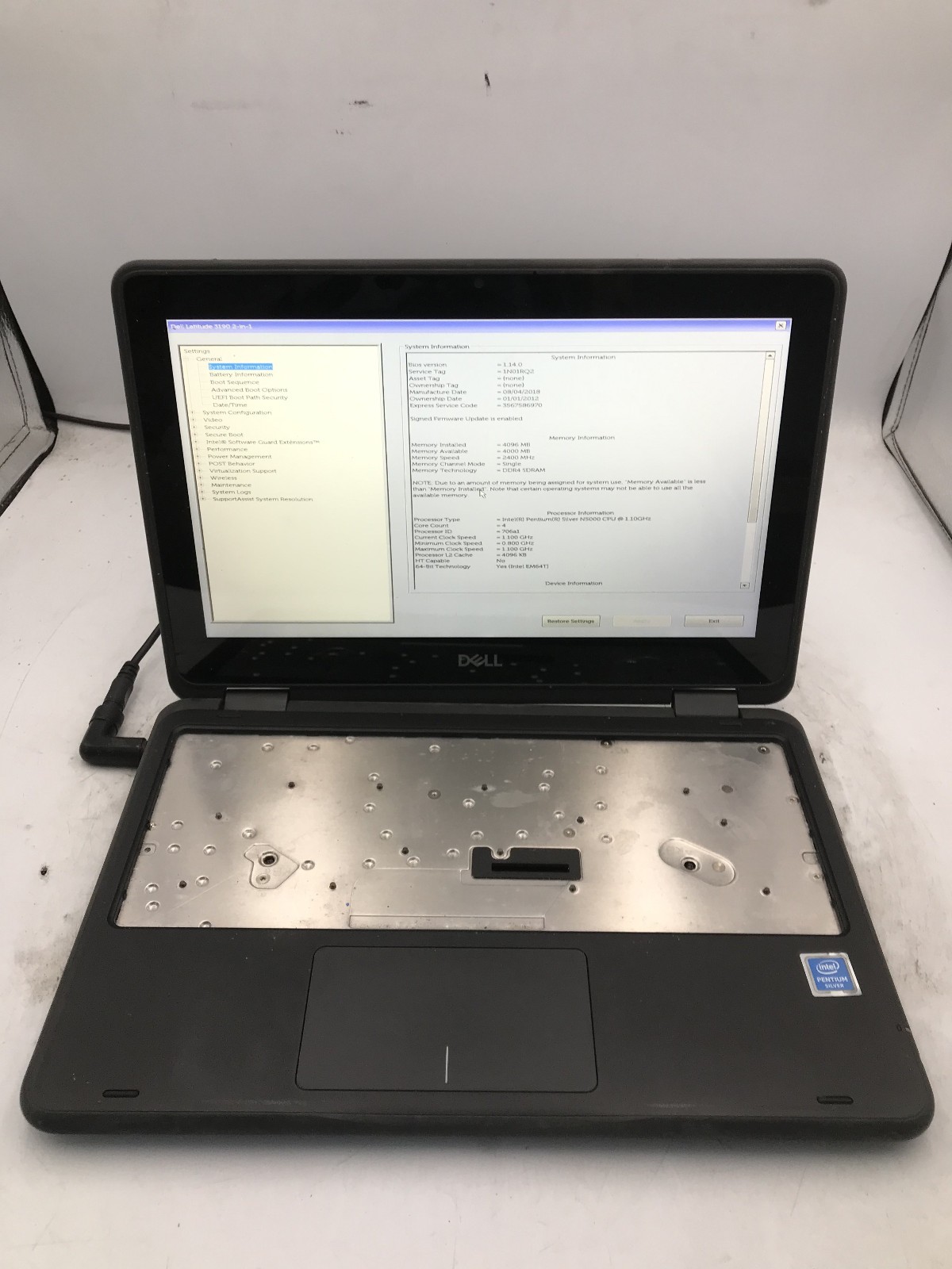 DELL LATITUDE 3190 -BOOTS TO BIOS- INTEL PENTIUM SILVER N5000 – 4GB RAM -READ-BB