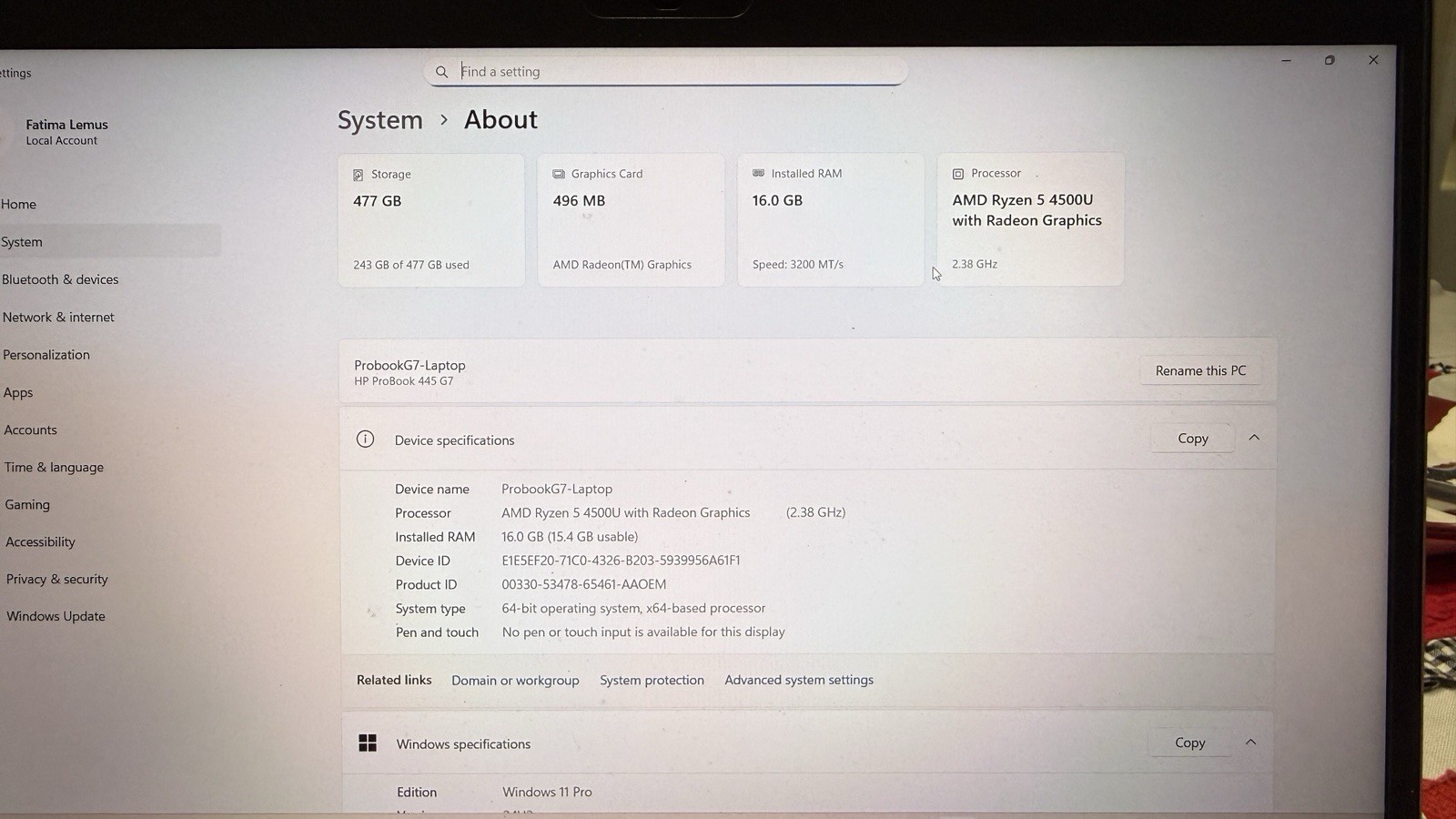 HP ProBook 445 G7 14″ Laptop Ryzen 5 4500U 2.3GHz 16GB 512GB NVMe – Win11 Pro