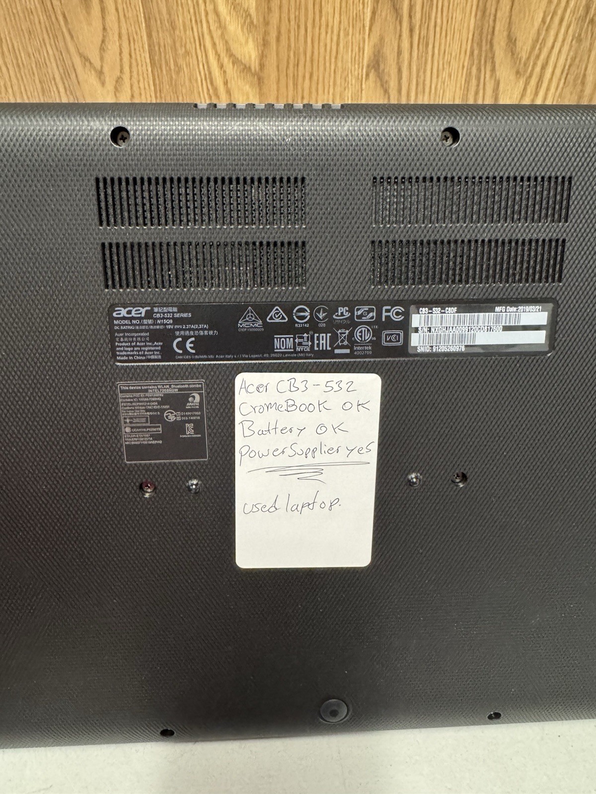 Acer Chromebook CB3-532 15.6” ChromeOS Battery OK Power Adapter Included