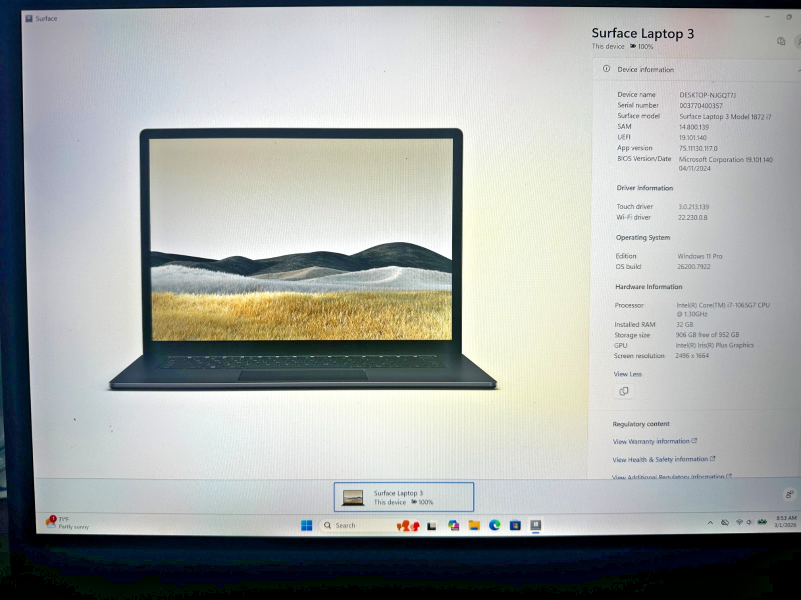 MICROSOFT SURFACE LAPTOP 3 1872 1TGB SSD, i7-1065G7, 1.30 GHz, 32GB RAM