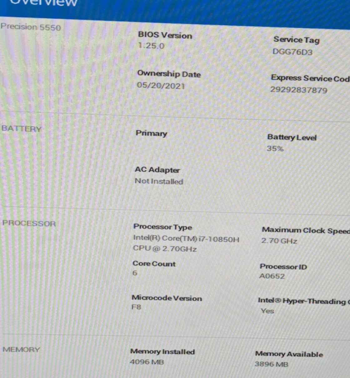 Dell Precision 5550 15.6″ i7-10850H 2.70GHz No RAM No Drive SOLD AS-IS DGG76D3