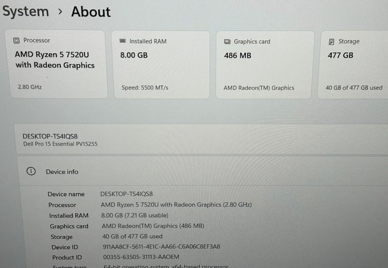 DELL PRO 15 LAPTOP AMD RYZEN 5 7520u @ 2.80GHZ 8GB RAM 512GB SSD (lp714)