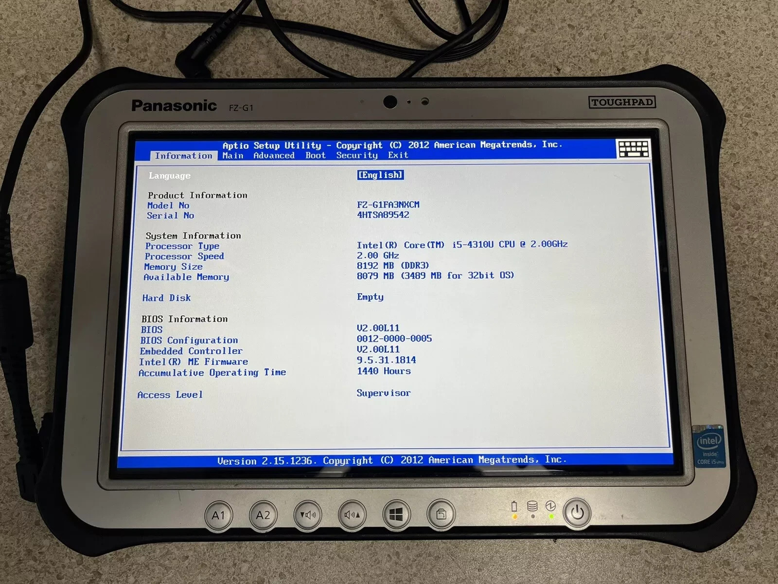 Panasonic Tough pad FZ-G1 Core i5 8GB RAM For Parts and Repair No ssd