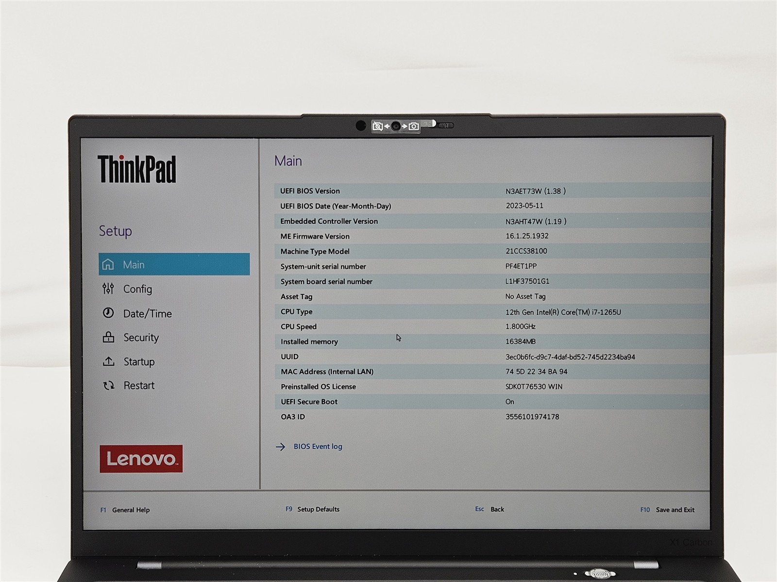 Lenovo 14″ ThinkPad X1 Carbon Gen 10 i7-1265U 16GB RAM 512GB SSD Black No OS