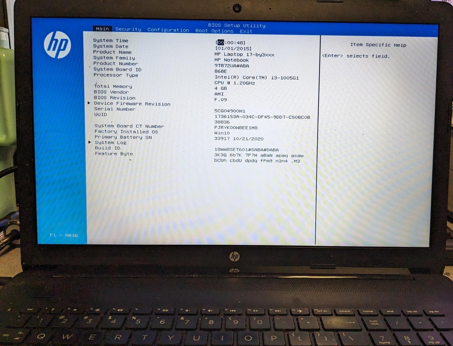 HP 17-BY3635CL i3-1005G1 @ 1.20GHz, 4GB RAM, NO HDD/OS