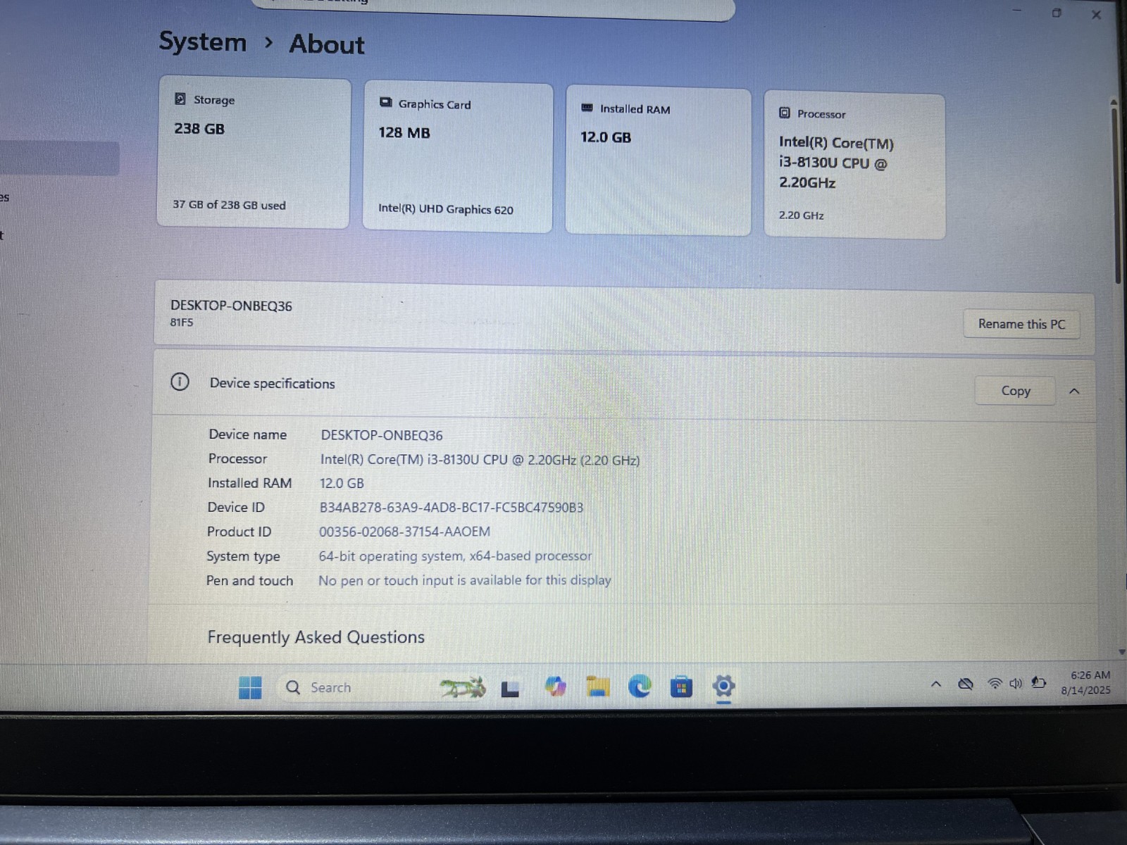 LENOVO IDEAPAD 330S i3-8130U@2.20GHz 12GB RAM 256GB NVMe Win-10H