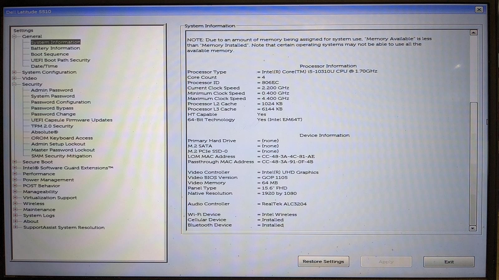 DELL LATITUDE 5510 i5-10310U @ 1.70GHz, 8GB RAM, NO HDD/OS