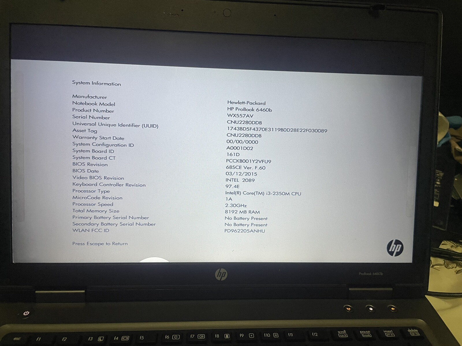 HP ProBook 6460b / Intel Core i3-2350M CPU 2.30GHz