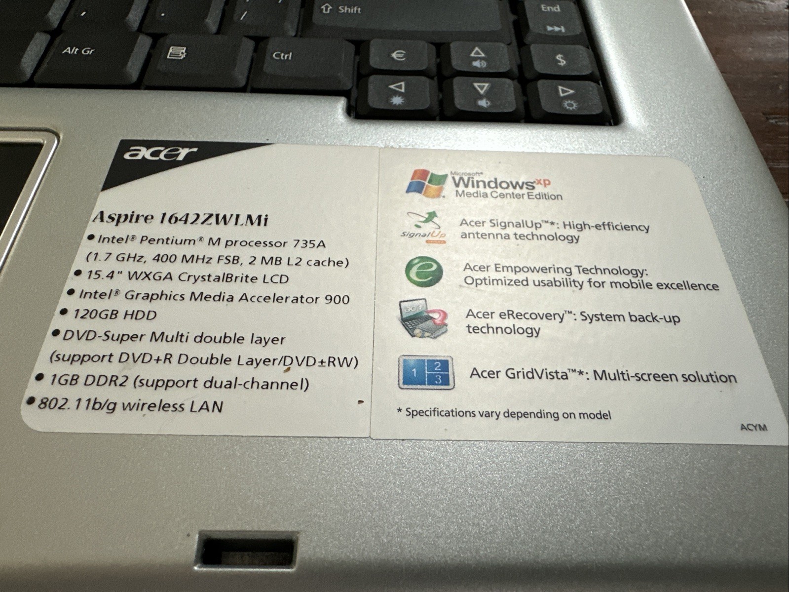 Acer Aspire 1640Z Intel Pentium M Centrino – 1GB RAM – Win XP Works