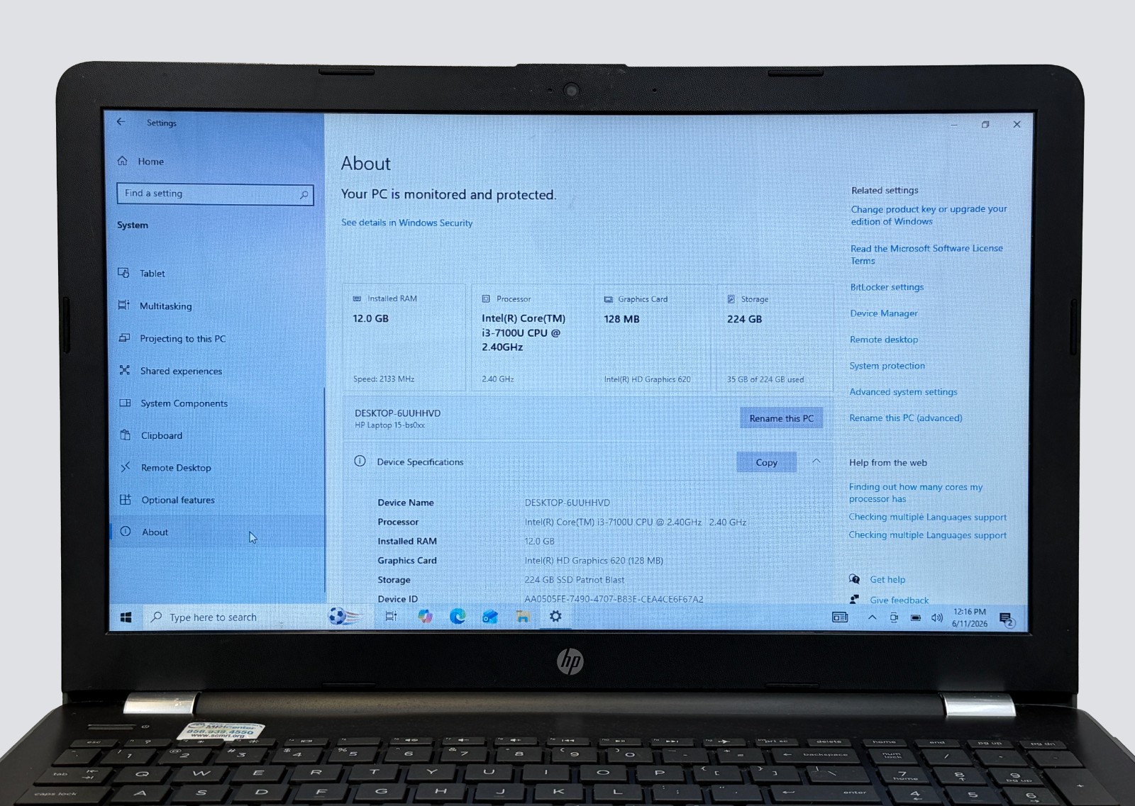 HP Laptop 15-bs0xx i3-7100 2.4GHz 12GB RAM 256GB SSD -SEE DESCRIPTION