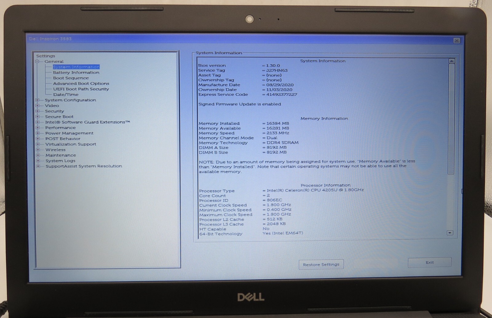 Dell Inspiron 3583-15.6″- 4205U@1.80GHz-16GB DDR4 RAM-16GB Internal-NO OS *READ*