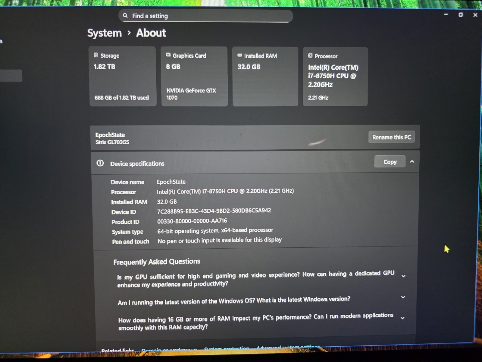 Asus ROG Strix GL703GS 17.3″ FHD 256GB + 1TB SSD, 32gb Ram-Intel Core i7-8750H