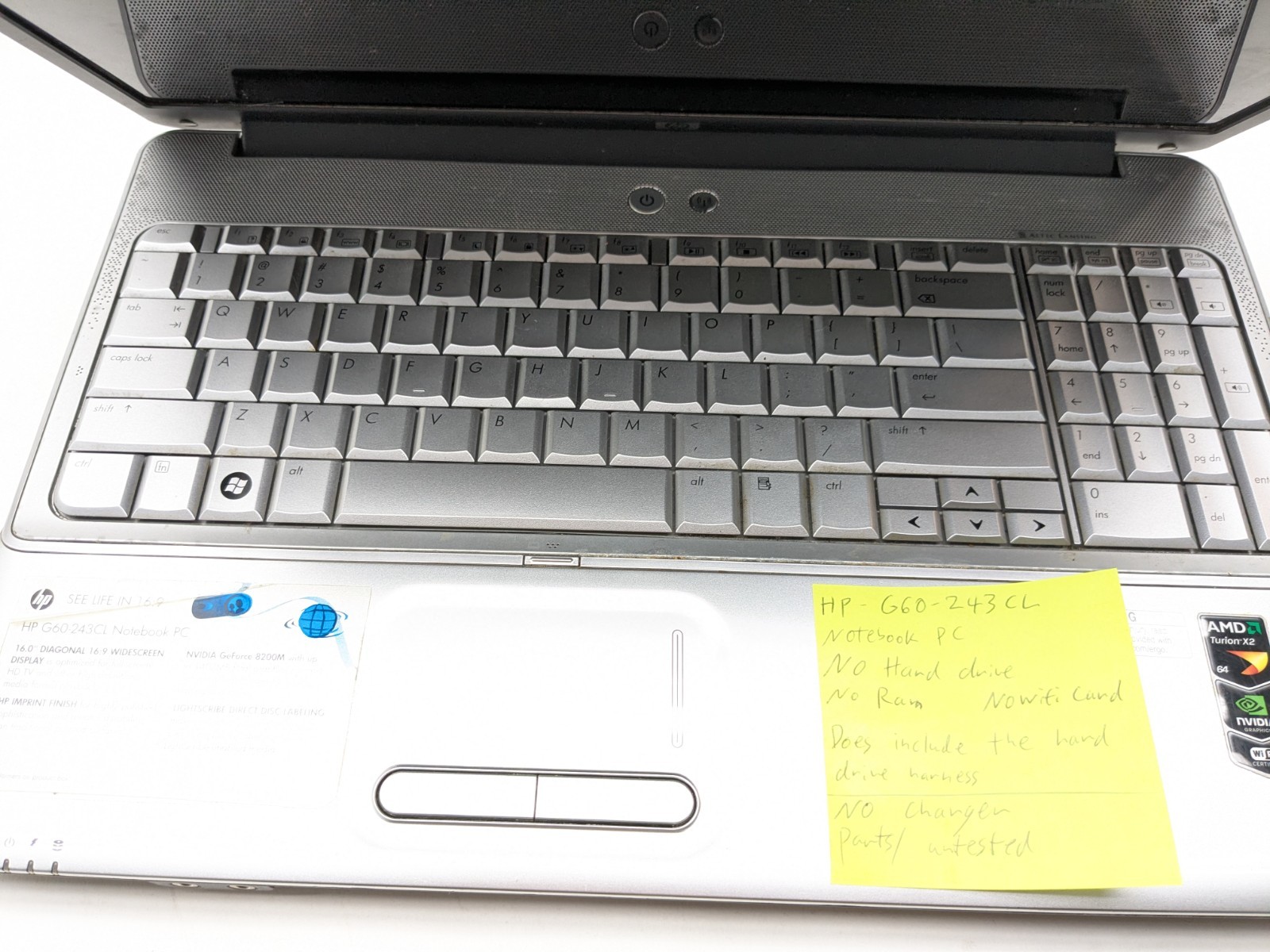 HP g60-243cl Notebook Pc Laptop SILVER For Parts 16″ Diagonal