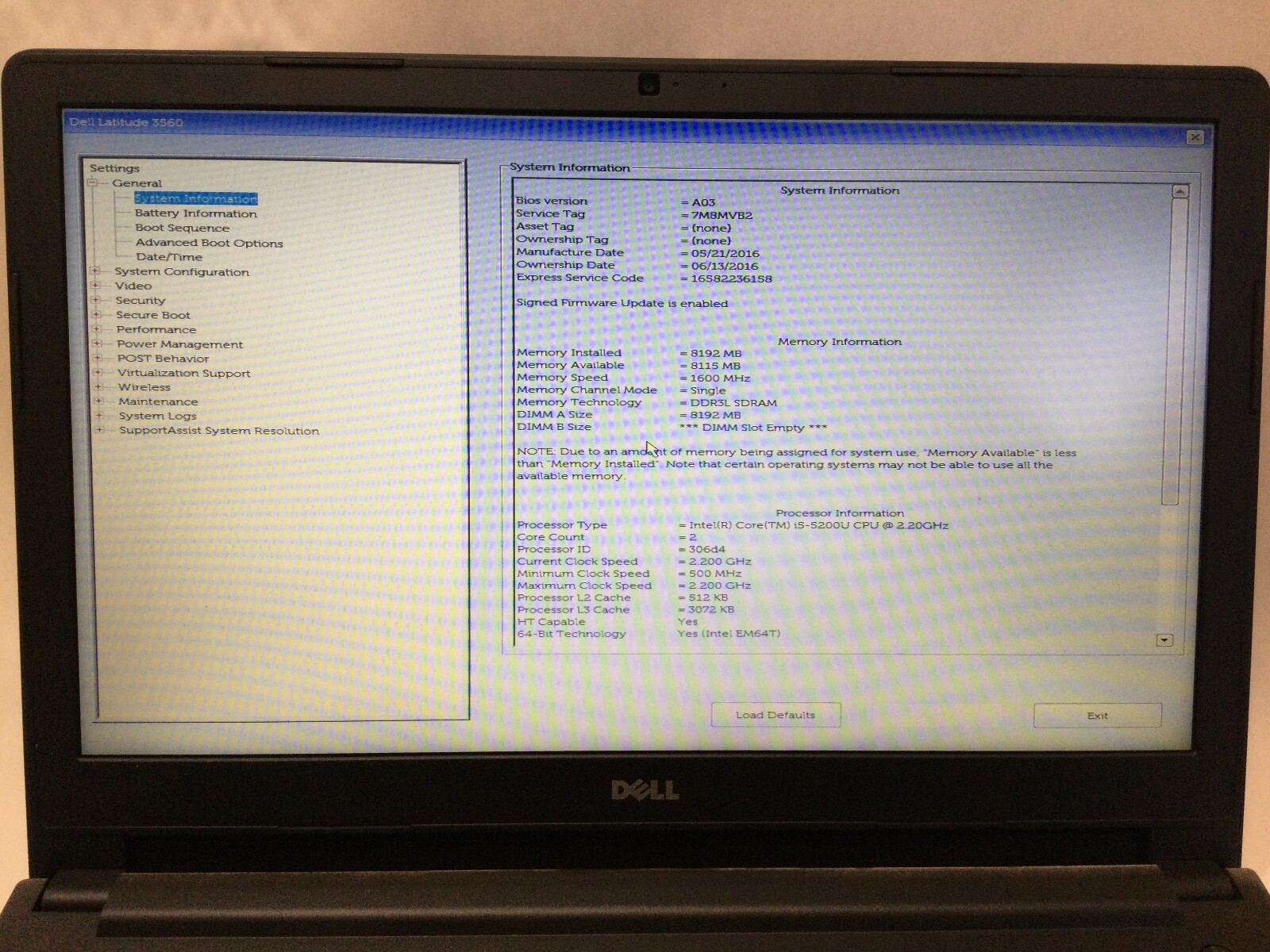 DELL LATITUDE 3560 – I5 5200U – 8GB RAM – BOOTS TO BIOS – AS IS – READ DESC – BB