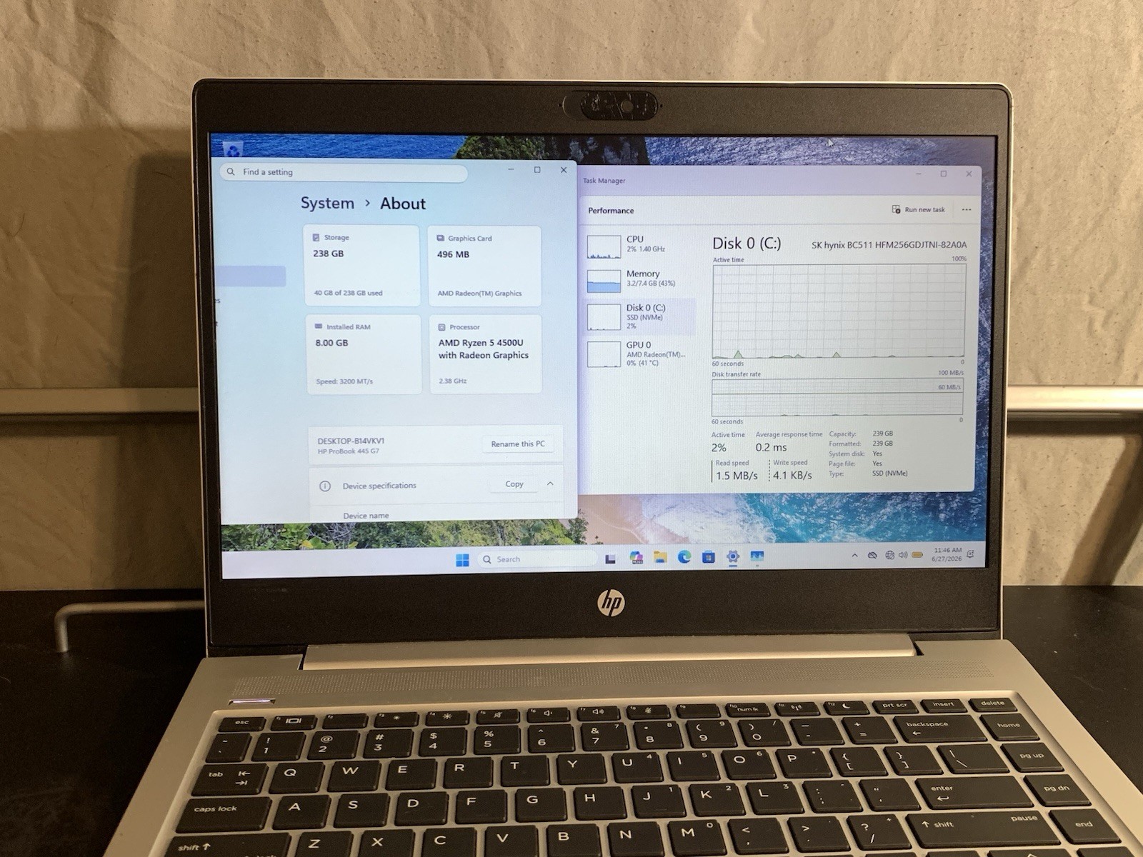 HP ProBook 445 G7 Ryzen 5 4500U 8GB 256GB SSD Win11 14in Silver