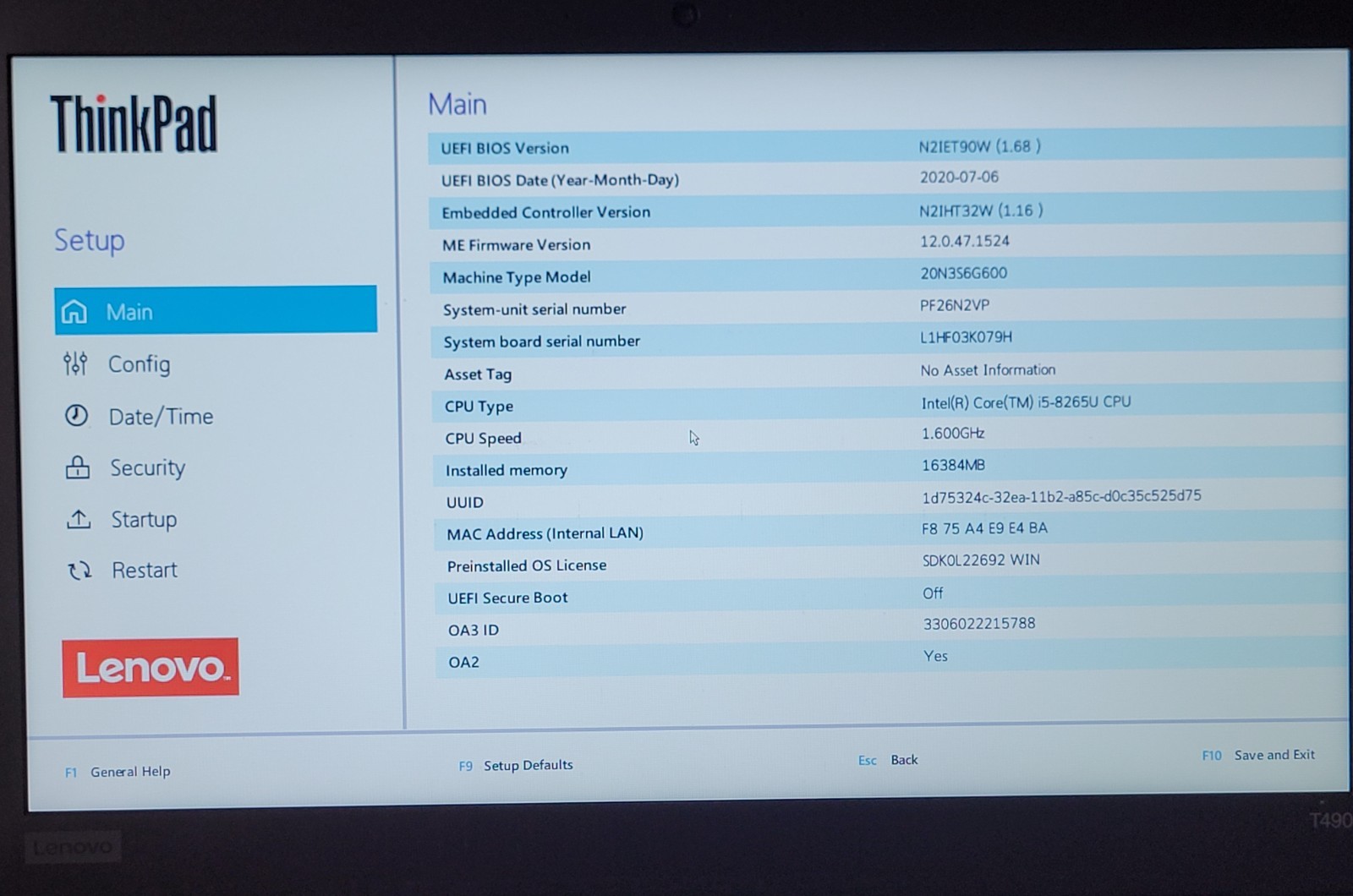 Lenovo Thinkpad T490 i5-8265U 16GB RAM NO ADAPTER/ BATTERY (UID TE3BC898FF)