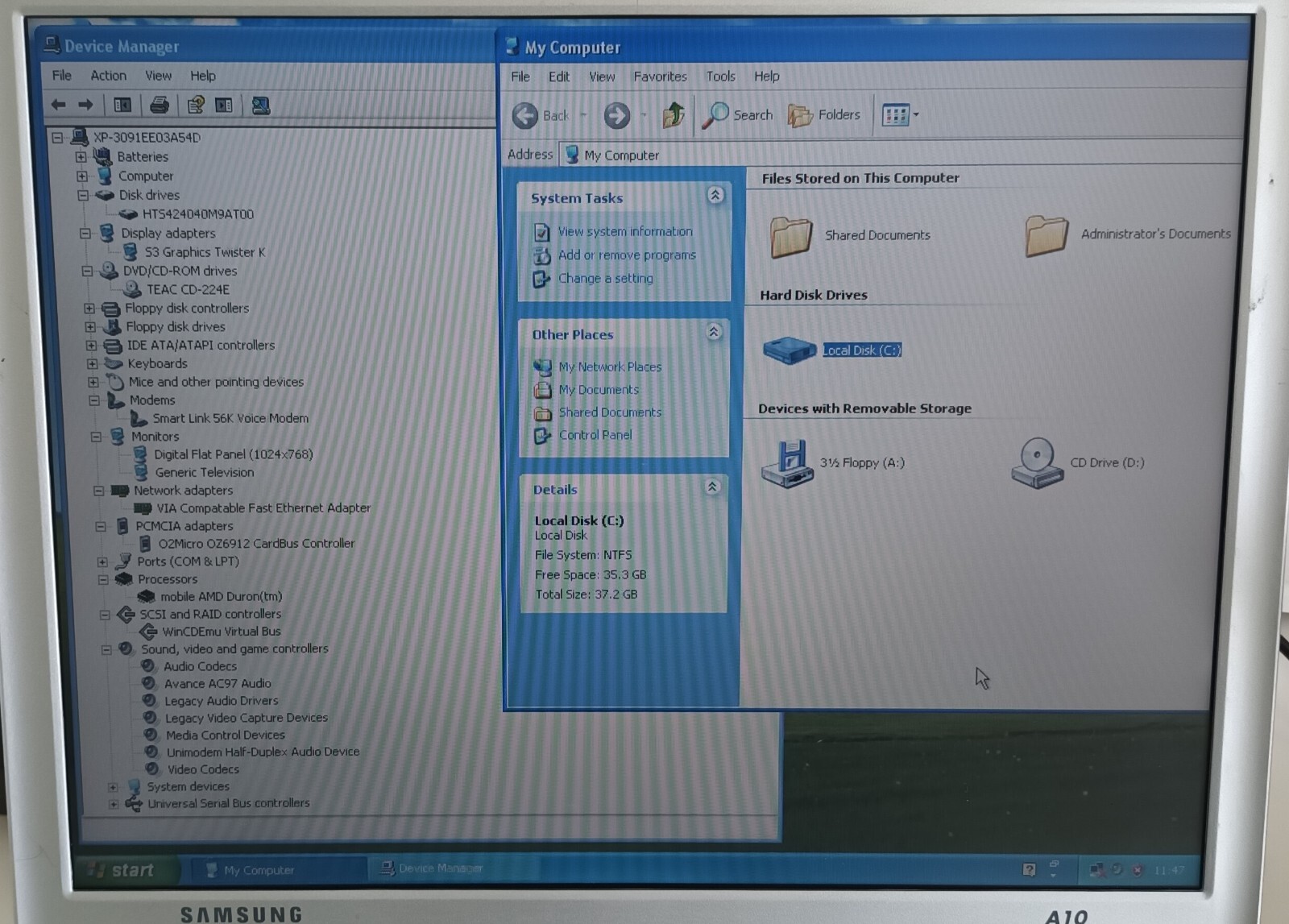 Samsung A10 Laptop 14.1″ 256MB 40GB IDE AMD Duron Windows XP Parallel Floppy CD