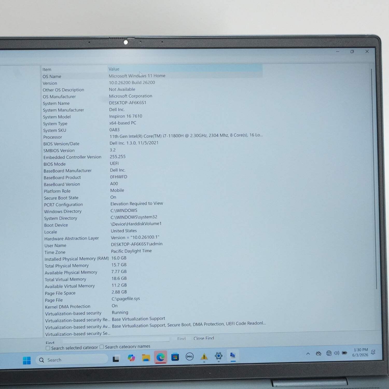 Dell inspiron 16 7610 16″ i7-11800H 2.3GHz 16GB RAM 512GB SSD