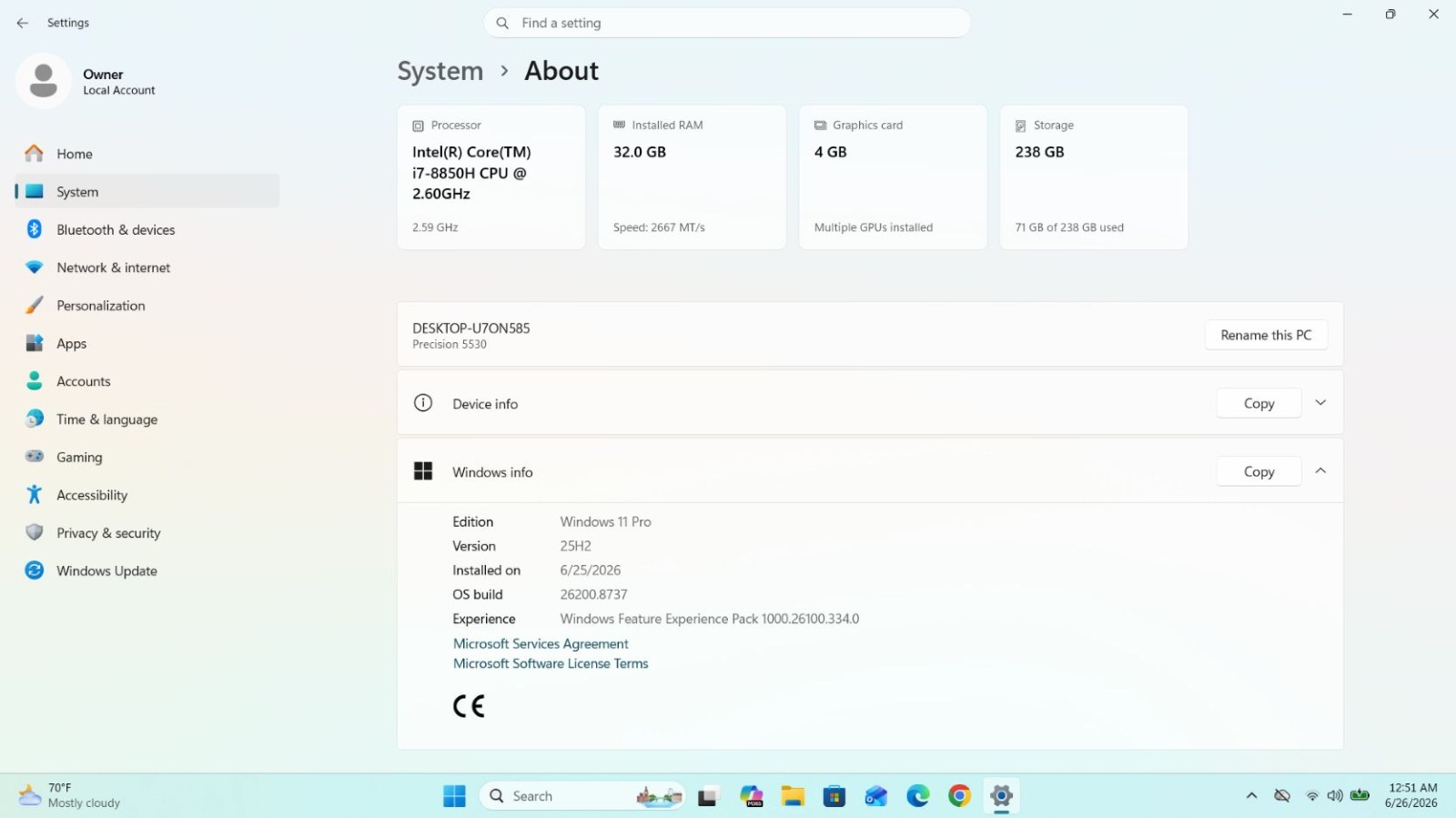 Dell Precision 5530 i7-2.6GHz 32GB 256GB SSD P1000 4GB GDDR Win11