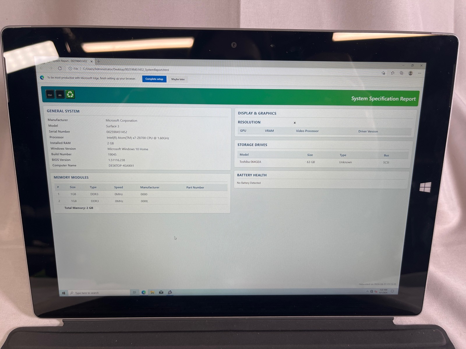 Microsoft Surface 3 Intel(R) Atom(TM) x7-Z8700 CPU @ 1.60GHz 2GB 63GB SSD 10.8″