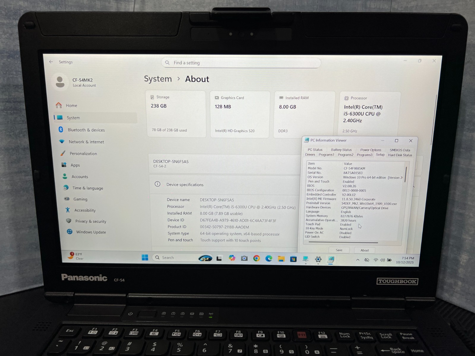 CF-54F9885KM, i5-6300U 2.40Ghz,8GB Mem,256GB SSD,Touchscreen,4G LTE,GPS,3,820Hrs