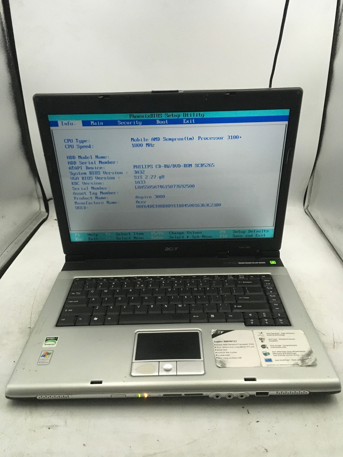 ACER ASPIRE 3000 ZL5 – BOOTS TO BIOS – AMD SEMPRON 3100 – 1GB RAM – READ DESC-BB