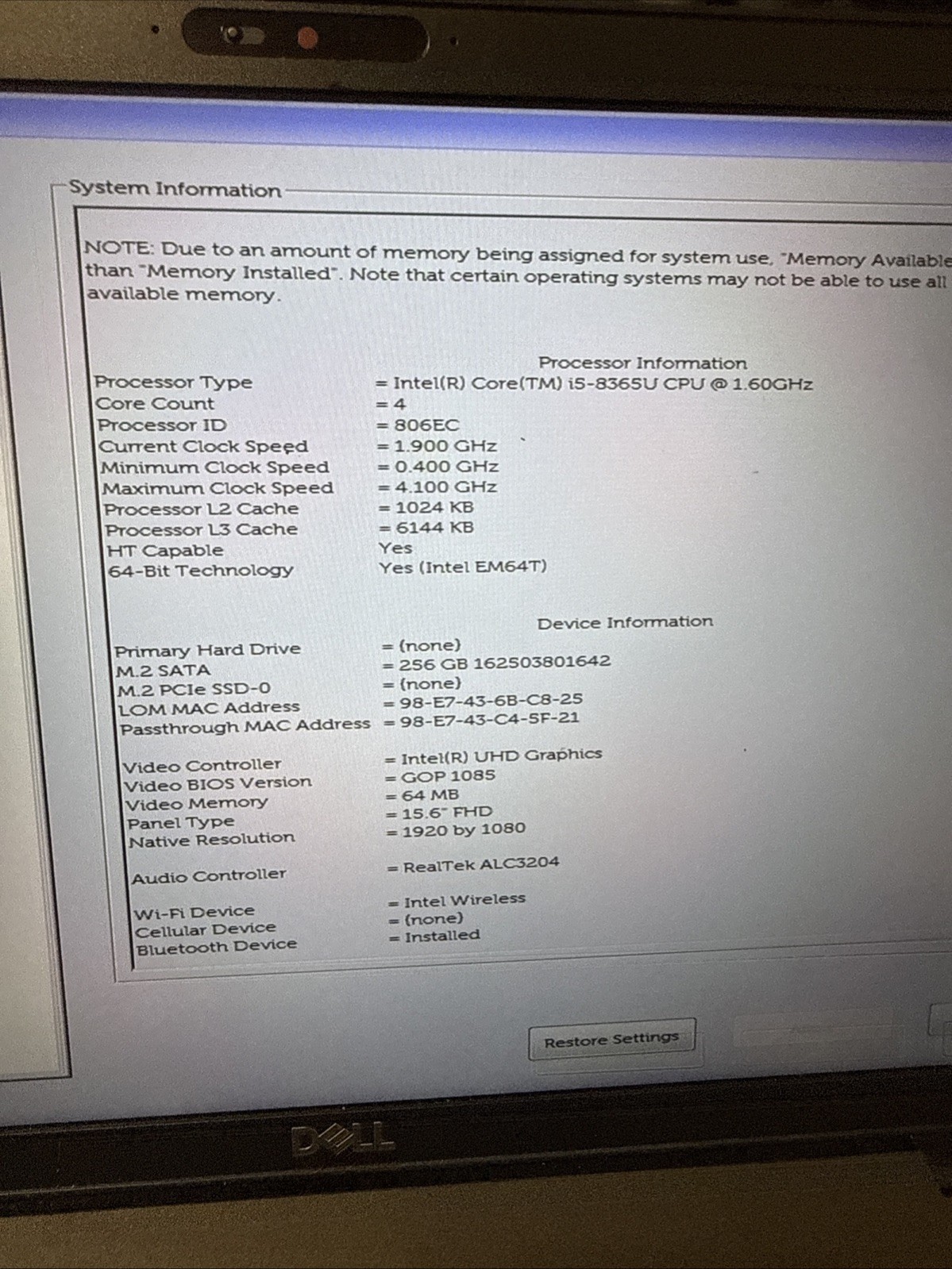 Dell Latitude 5500 i5-8365U 16GB RAM 256GB SSD 15.6” FHD Win11 Pro Charger