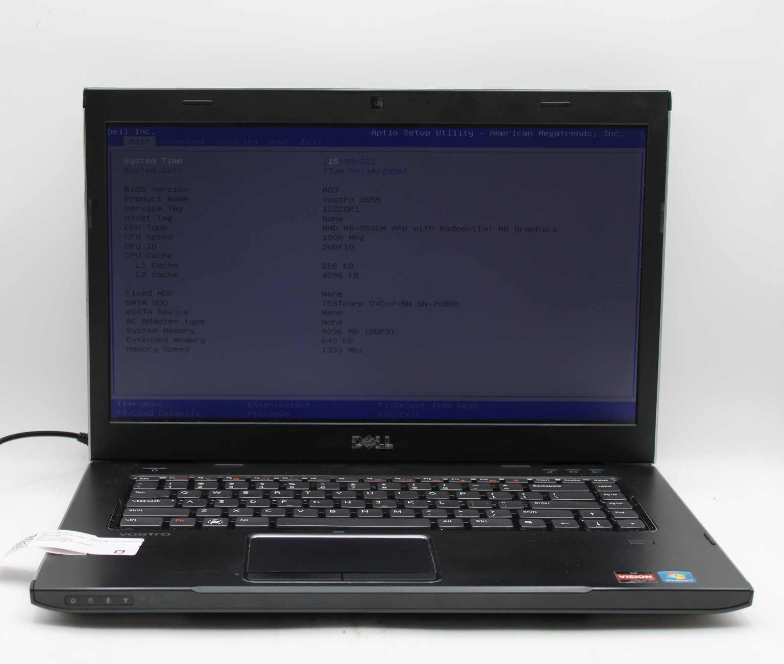 Dell Vostro 3555 _ AMD A8-3500M @ 1.5 _ 4GB RAM _ Radeon HD _ No SSD / OS