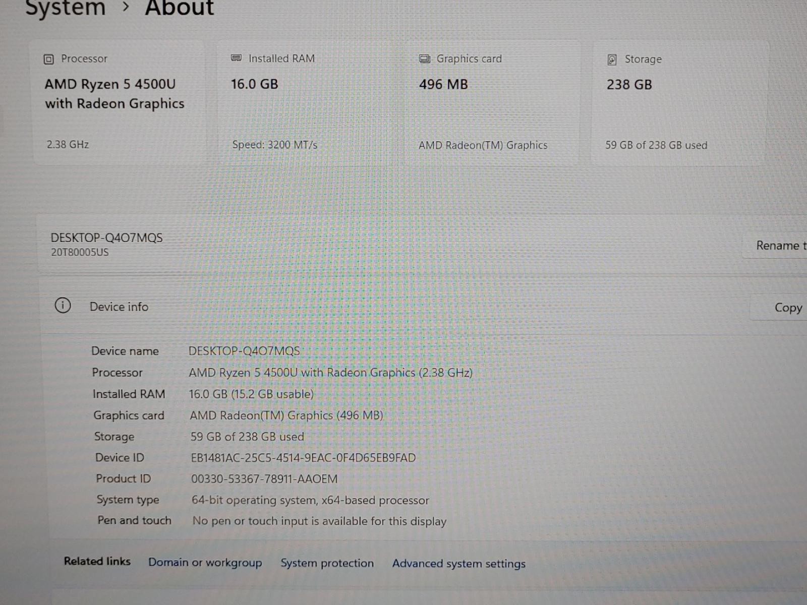 Lenovo ThinkPad E15 Gen 2 15.6″ Ryzen 5 4500U 16GB 256GB Win11Pro *NO A/C* *READ