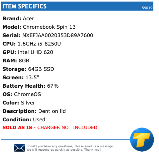 Acer Chromebook Spin 13 – 13.5″ QHD+ Touch, 1.6GHz i5, 8GB RAM, 64GB SSD